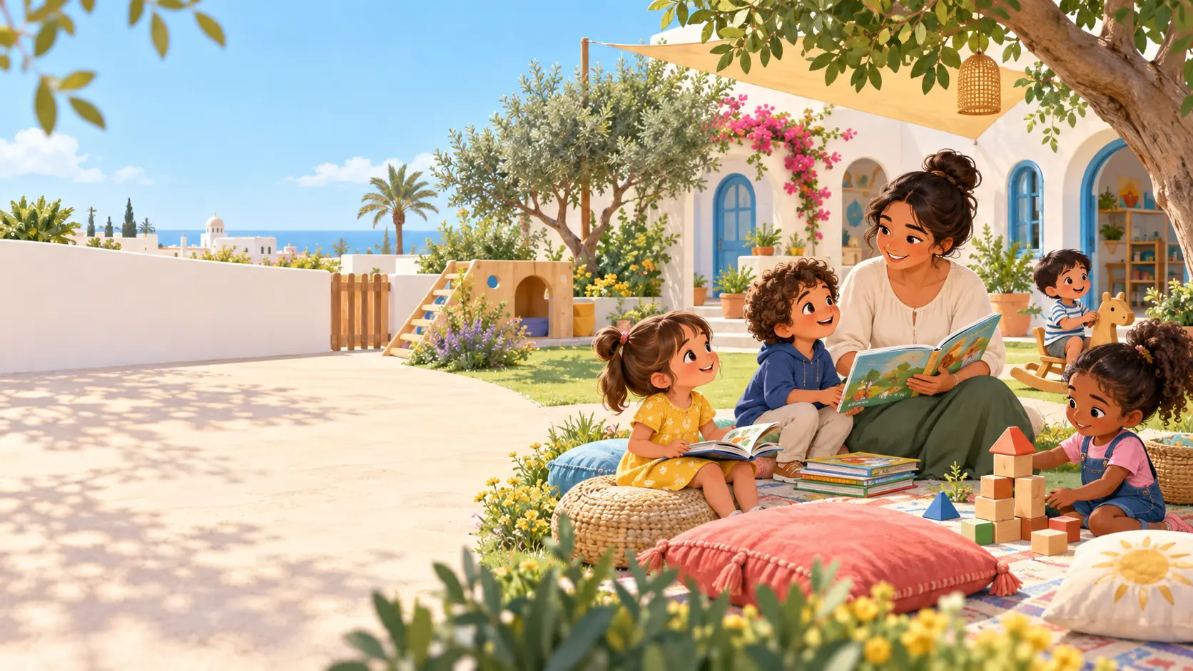 Illustration d'une éducatrice lisant avec des enfants dans un jardin lumineux